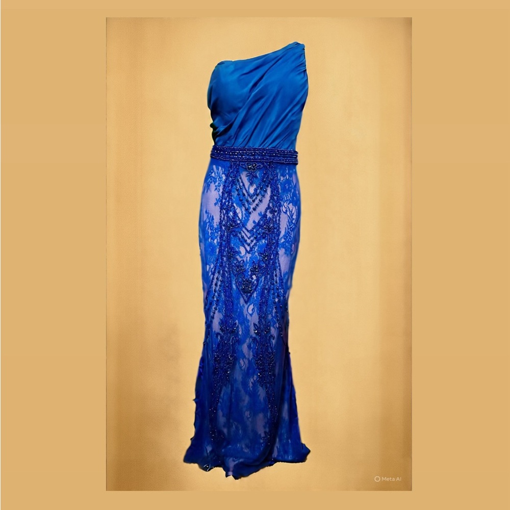 Blue One-shoulder Tarik Ediz. Like new condition with extra beads included.